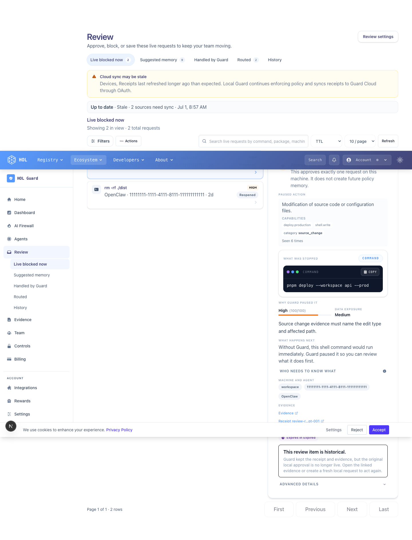 Guard review detail showing a blocked action and evidence context