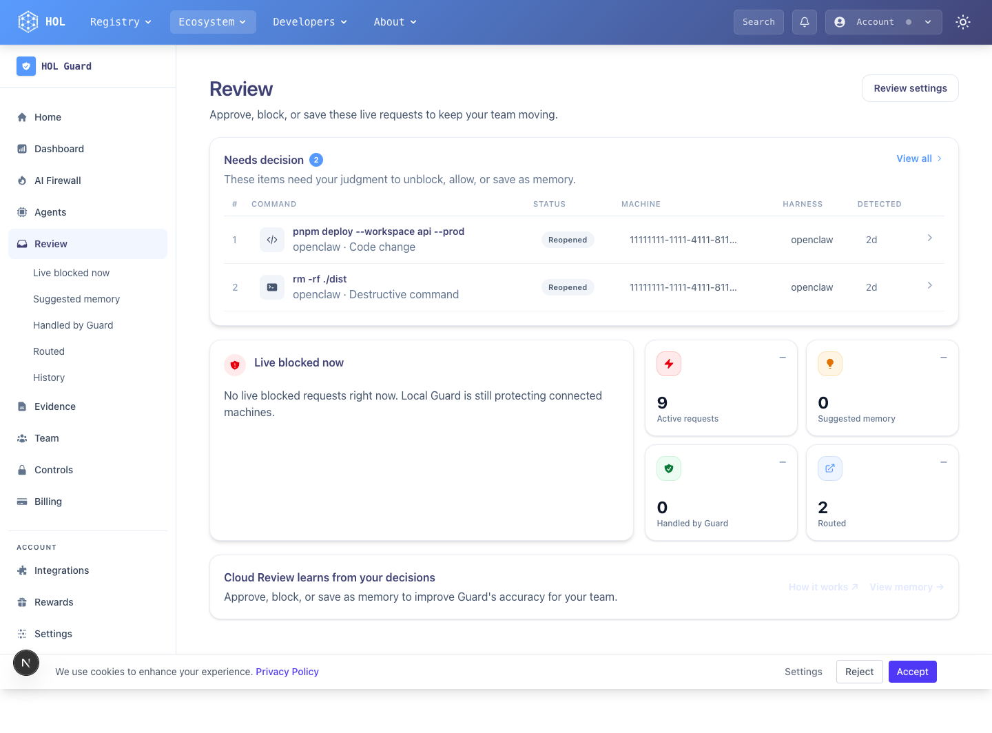 HOL Guard review screen evaluating an AI coding agent action and showing a blocked decision with policy reason